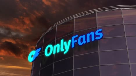 Logotipo-De-Onlyfans-En-El-Edificio-De-Vidrio-Corporativo-Puesta-De-Sol-De-Animación-3d