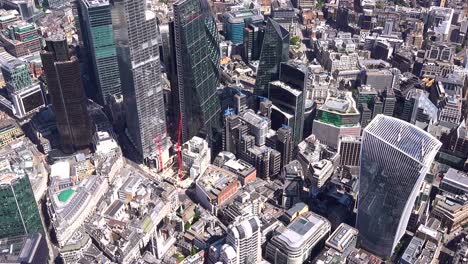 Aerial-view-of-the-Walkie-Talkie-building,-Lloyds-building-and-the-City-of-London-towers