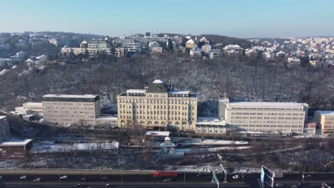 Praha-CSSZ-building-in-Smichov,-aerial-drone-sunny-day-front-view,-Czech-Republic