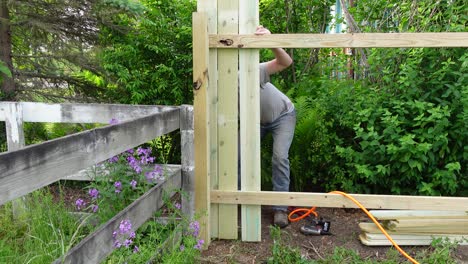 Man-prepares-plank-and-fix-it-with-pneumatic-nail-gun-for-fence,-static-view