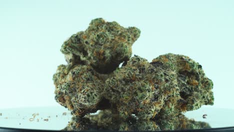 Close-up-shot-of-a-Marijuana-sativa-Super-Lemon-Haze-flowers,-green-and-purple,-on-a-reflecting-360-rotating-stand,-Slow-motion-4K-video