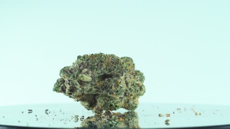 Nahaufnahme-Einer-Marihuana-Sativa-Super-Lemon-Haze-Blume,-Gelbes,-Grünes-Und-Violettes-Kush,-Auf-Einem-Reflektierenden-360-Grad-Drehständer,-4k-Video-In-Zeitlupe