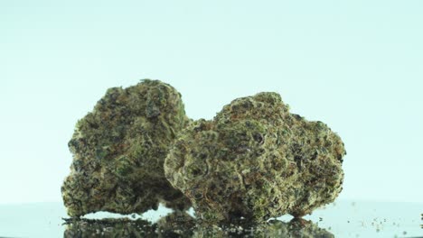 Nahaufnahme-Einer-Marihuana-Sativa-Superzitronen-Amnesie-Haze-Felsenblume,-Gelber,-Grüner-Und-Violetter-Kush,-Auf-Einem-Reflektierenden-360-Grad-Drehständer,-4k-Video-In-Zeitlupe