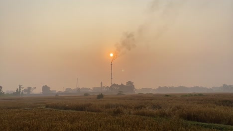 Factory-pipe-polluting-air,-establisher-shot-of-smokestack-exhaust-gases,-Sylhet