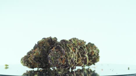 Close-up-shot-of-a-Marijuana-sativa-Sour-Diesel-flowers,-green-and-purple,-on-a-reflecting-360-rotating-stand,-Slow-motion-4K-video
