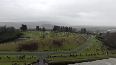 Panning-shot-of-the-graveyard-within-Stirling-Castle-on-a-foggy-day