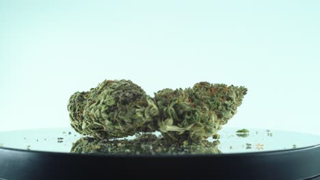 Close-up-shot-of-a-Marijuana-sativa-Super-Lemon-Haze-flower,-green-weed,-purple-Kush,-on-a-reflecting-360-rotating-stand,-Slow-motion-4K-video