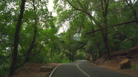 Mahe-Seychelles,-amazing-driving-in-isolate-location,-drive-between-trees-and-rocks-with-steep-falls-on-the-road-with-no-rails
