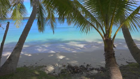Tropischer-Paradiesstrand,-Der-An-Einem-Sonnigen-Tag-In-Zeitlupe-Unter-Kokospalmen-Betrachtet-Wird