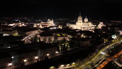 Salamanca-Night-Hyperlapse,-aerial-drone-view