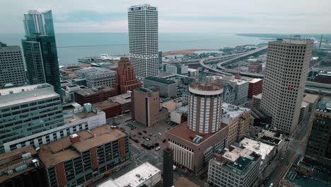 static-aerial-of-milwaukee-downtown-in-the-early-morning-on-a-cloudy-day