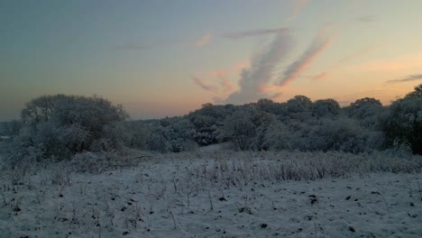 Schöne-Aussicht-Auf-Die-Schnee--Und-Frostbedeckte-Landschaft-Im-Vereinigten-Königreich-Während-Des-Wintersonnenaufgangs