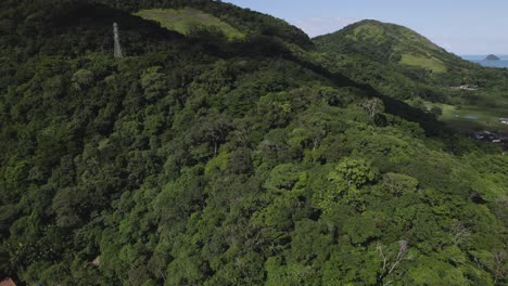 Drone-Moviéndose-Hacia-Arriba-Revelando-Montañas-De-Selva-Tropical-Atlántica-Y-El-Océano-Detrás