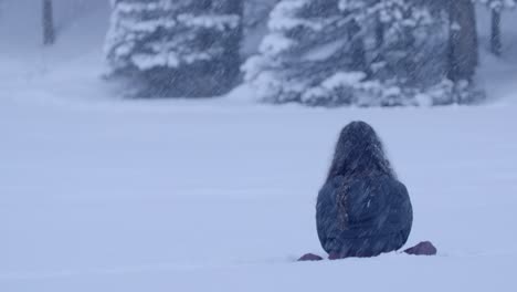Frau,-Die-Im-Schnee-Im-Wald-Von-Banff-Alberta-Sitzt