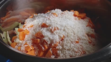 Salz,-Paprika,-Knoblauchpulver-Und-Rosmarin-Werden-In-Einen-Topf-Gegeben,-Der-Mit-Gehackten-Karotten,-Kohl-Und-Reis-Gefüllt-Ist,-Um-Eintopf-Zuzubereiten