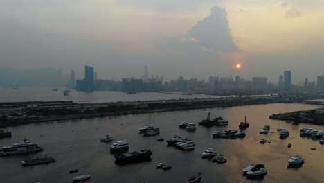 Drone-shot-of-sunset-in-Hong-Kong