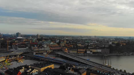 Drone-shot-over-Stockholm,-Södermalm-from-Gamla-Stan