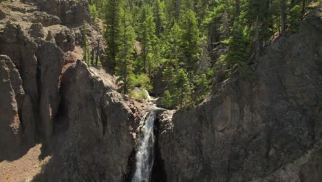 Aerial-Reverse-Reveal-of-Treasure-Falls-Waterfall-Near-Pagosa-Springs,-Colorado-During-Summer