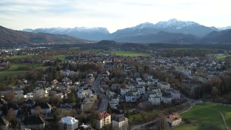 Wide-aerial-zoom-over-the-picturesque-Salzburg-Alps,-Austria