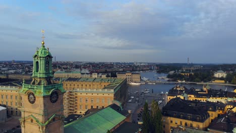 Drone-footage-of-church-tower-in-Gamla-Stan,-Stockholm,-Sweden