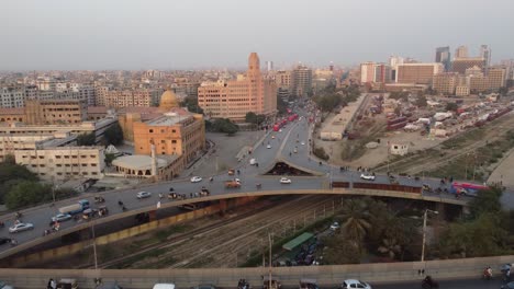 Aerial-Flying-Over-Of-Jinnah-Bridge-And-Flyover-Over-Rotary-Food-Park-In-Karachi