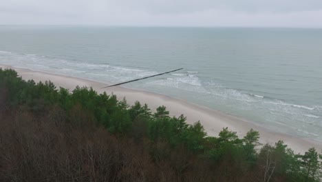 Aerial-establishing-view-of-an-old-wooden-pier-at-the-Baltic-sea-coastline,-overcast-winter-day,-white-sand-beach,-pine-forest,-wooden-poles,-waves-hitting-shore,-wide-drone-shot-moving-forward