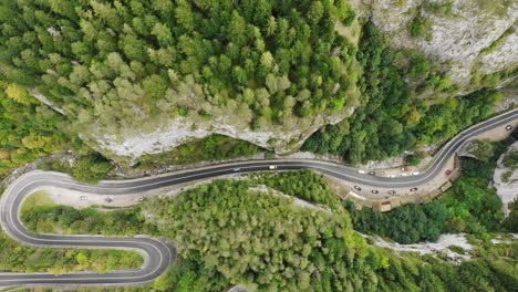 Topdown-View-Of-The-Winding-Road-In-Bicaz-Gorge,-Hasmas-National-Park,-North-eastern-Romania