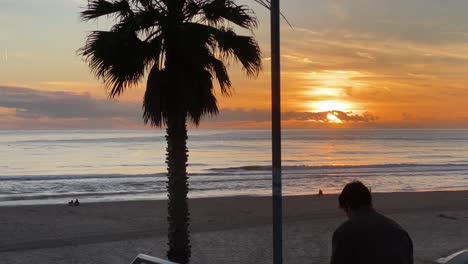 Der-Mensch-Steht-In-Der-Nähe-Der-Silhouette-Der-Palme-Bei-Sonnenuntergang-Im-Hintergrund