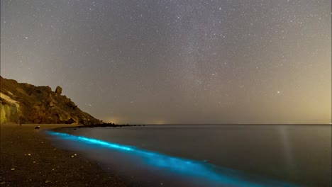 Nachthimmel-Voller-Sterne-Und-Blaues-Phytoplankton,-Das-In-Jeder-Welle-Des-Meeres-Im-Persischen-Arabischen-Golf-Im-Nahen-Osten-Leuchtet