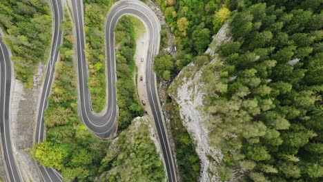 Aerial-Drone-Of-Winding-Road-In-Towering-Canyon-Of-Cheile-Bicazului-In-Romania