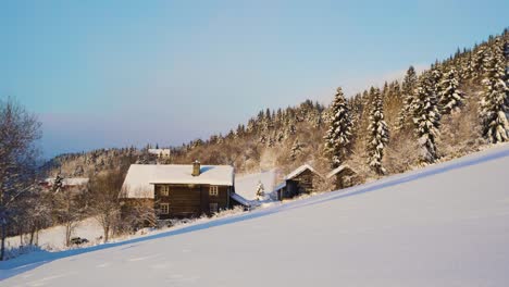 Wide-shot-of-snowy-wooden-house-located-on-slope-of-mountain-during-Sunny-day-in-winter---Spruce-trees-covers-with-snow-and-ice-in-background