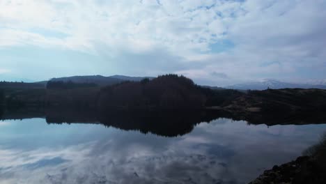 Mirror-reflection-of-sky-in-lake,-Loch-Lochy-at-Ben-nevis,-Highlands-landscape-freshwater-highland-Scotland