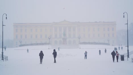 Locals-Enjoying-Walking-On-The-Snow-Covered-Royal-Palace-Grounds-In-Oslo-During-Winter