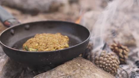 Slowmotion-shot-of-fresh-food-being-cooked-in-a-pan-on-an-open-fire,-camping-tribal-food