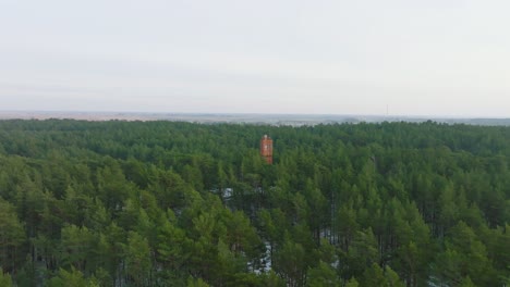 Aerial-distant-view-of-Bernati-lighthouse-surrounded-by-lush-green-pine-tree-forest-with-light-snow,-Nordic-woodland,-Baltic-sea-coast,-sunny-winter-day,-Latvia,-wide-drone-shot-moving-forward