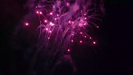 Lila-Und-Goldenes-Feuerwerk,-Das-Am-Himmel-Explodiert