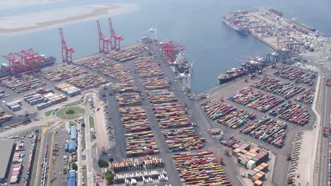 Extreme-wide-aerial-shot-of-Durban-harbour-container-yards-and-harbour-docks-with-ships-being-loaded