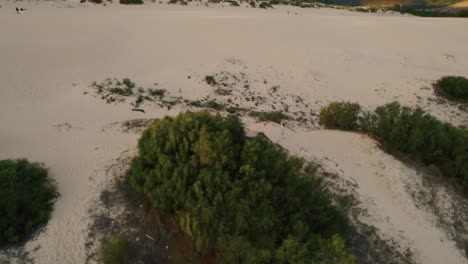 Rising-drone-shot-of-a-woman-running-in-Tarifa,-Spain's-vast-sand-dunes
