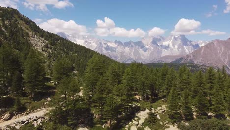 Aerial-drone-shot-of-a-mountain-range-in-the-alps-with-pine-trees-in-the-foreground-on-a-sunny-day-with-a-blue-sky
