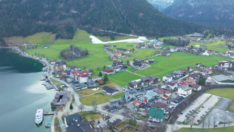 Scenic-Pertisau-Village-In-Tyrol,-Austria---aerial-drone-shot