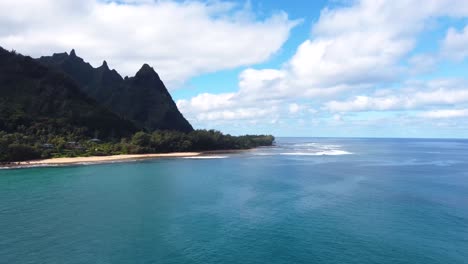 Epic-Aerial-view-of-island-coast-of-Kauai,-Hawaii