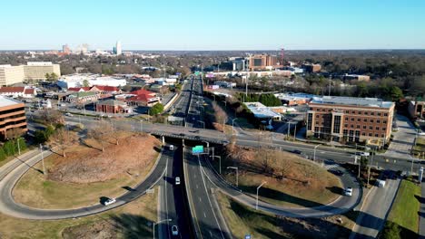 Winston-Salem-North-Carolina,-Aerial-Orbit-of-business-40-with-on-and-off-ramps