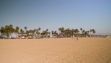 4K-Video,-Panorama-Von-Venice-Beach-In-Los-Angeles-Mit-Palmen-Im-Hintergrund,-Blauem-Himmel,-Gelbem-Sand,-Menschen-Im-Hintergrund-Und-Gutem-Licht
