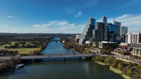 Aerial-view-rising-around-the-Google-building-in-Austin,-sunny,-fall-day-in-Texas,-USA