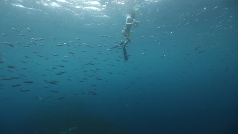 Female-snorkeler-at-ocean-surface-as-rain-falls,-taking-pictures-of-fish