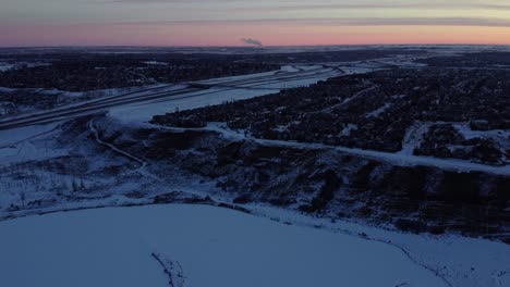 A-drone's-perspective-of-a-beautiful-winter-sunrise-in-Calgary