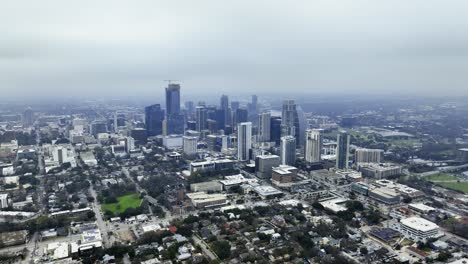 Aerial-view-of-downtown-Austin,-rainy,-autumn-day-in-TX,-USA---wide,-panorama,-drone-shot