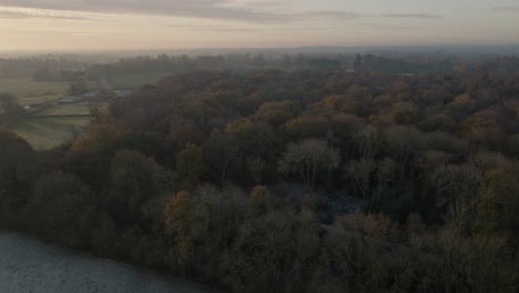 Panning-Shot-Woodland-Forest-Landscape-Warwickshire-Autumn-Winter-Season-Frost-Aerial-Countryside