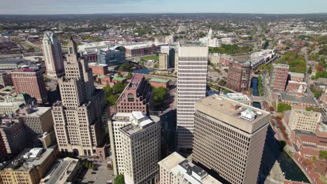 Aerial-of-city-skyscrapers-urban-industry-buildings-on-a-sunny-day-in-Providence-Rhode-Island