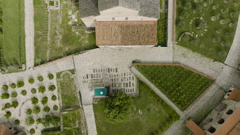 Alaverdi-Monastery,-Landscaped-Garden,-Georgia-Country,-Aerial-Top-Down